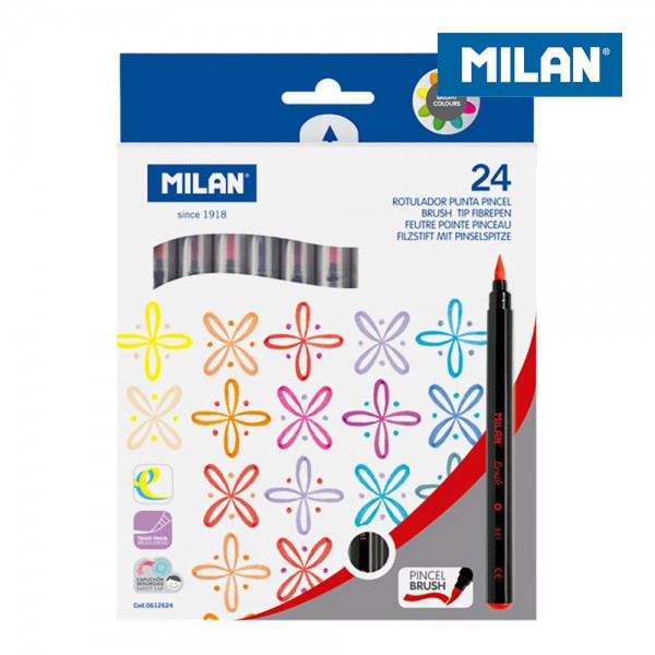 Rotuladores de colores con base agua y punta de pincel, 24 uds, blister